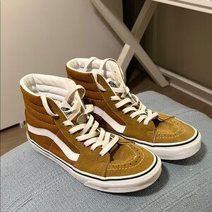 Vans Sk8-Hi Suede High-Top Sneakers in Mustard Yellow and White